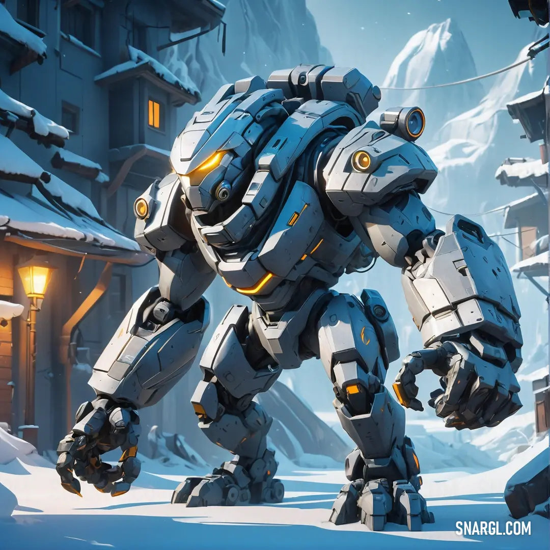 A towering robot-like creature stands boldly in a picturesque snowy mountain town, casting a striking silhouette against quaint houses nestled under a blanket of snow, embodying an unusual yet captivating sight in this winter wonderland.