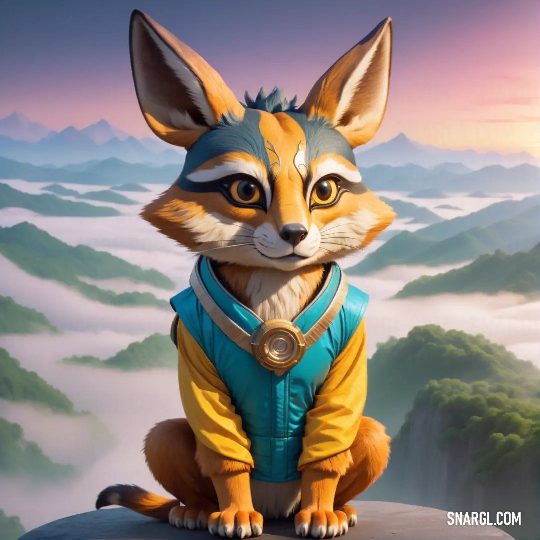 A whimsical fox dressed in a striking blue and yellow outfit sits confidently on a rock, framed by the grandeur of the mountains, exuding a playful spirit and a sense of adventure amidst the wilderness.