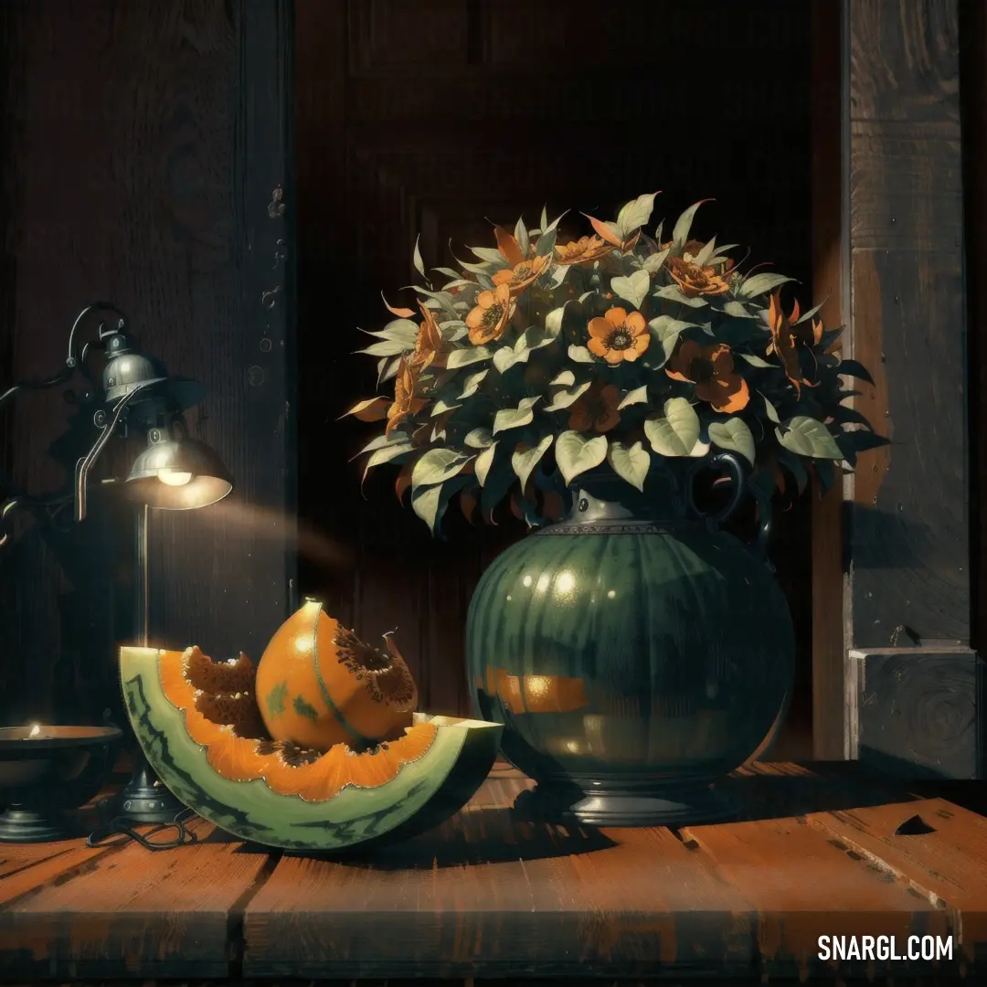 A painting of a vase with flowers, complemented by a half melon and a lamp on a table. The warm yellow light brings the still life to life, highlighting the details of the objects in a gentle, inviting glow.