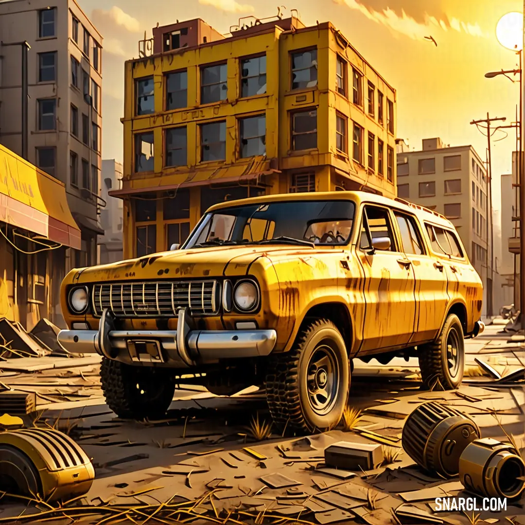 A bright yellow truck is parked amidst a bustling city street, showcasing an array of dynamic buildings in the background, all under the warm glow of a sunlit sky, highlighting urban life's vibrancy.