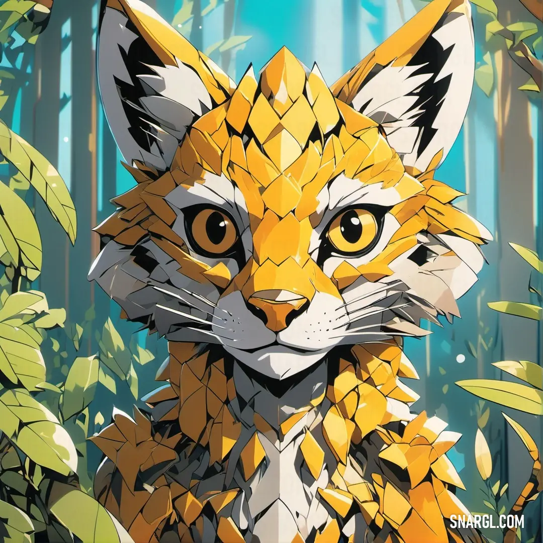 A whimsical fox crafted from paper rests among the vibrant foliage of a serene woodland, the sun dappled through the trees, enhancing the golden hues of its form against the earthy tones of leaves below.