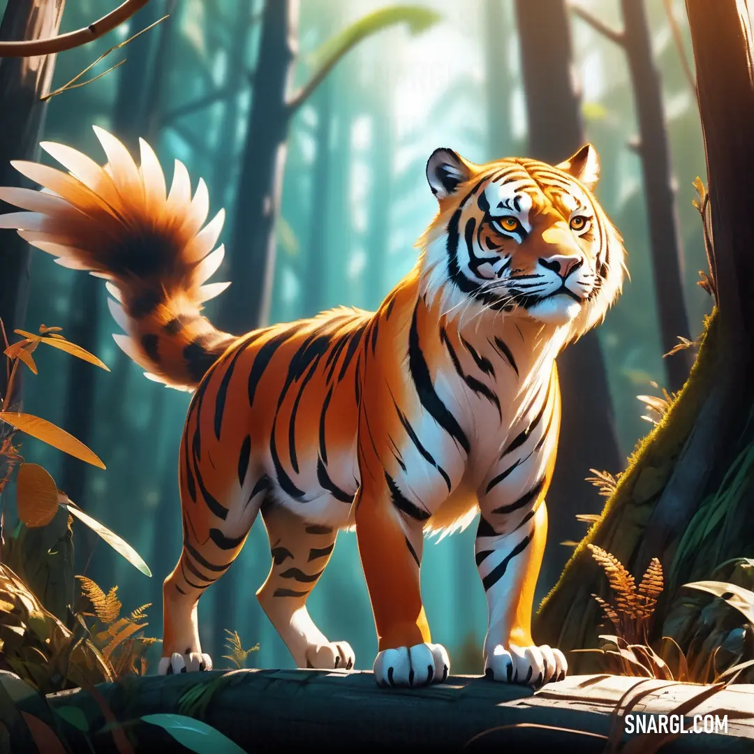 A magnificent tiger stands poised atop a rustic log in a lush forest, surrounded by tall grass and majestic trees, capturing the essence of wild beauty and fierce power.