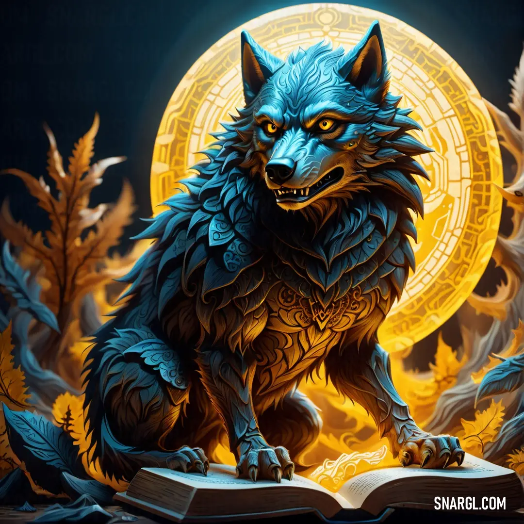 Wolf on a book with a full moon in the background. Color Selective yellow.