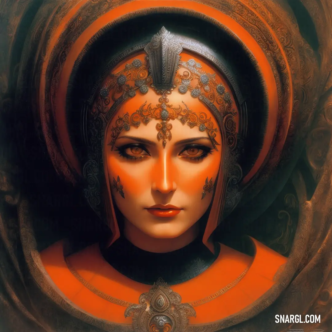 A powerful figure of a woman with a helmet and headdress stands proudly in a striking painting. The bright orange and black accents are enhanced by a rich yellow glow, emphasizing the figure's strength and grace.