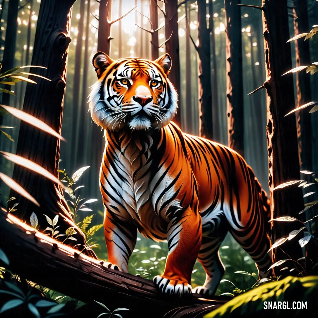 A regal tiger roams through a sunlit forest, with radiant light illuminating its face, highlighting its striking features and creating a magical atmosphere in its wild, natural habitat.