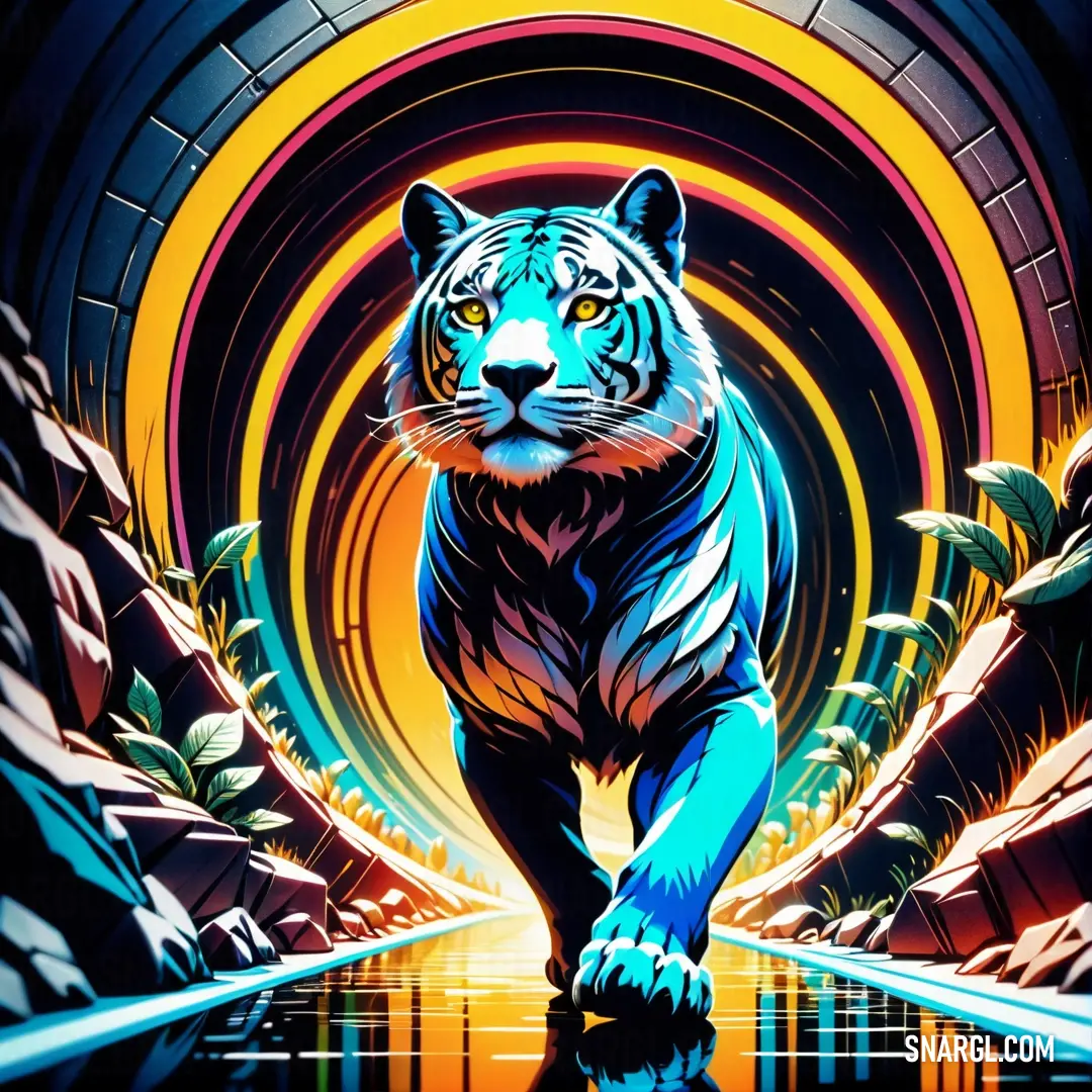 A magnificent tiger navigates through a stunning tunnel of water and rocks, its majestic reflection shimmering in the water underneath, surrounded by a vibrant interplay of orange and blue hues.