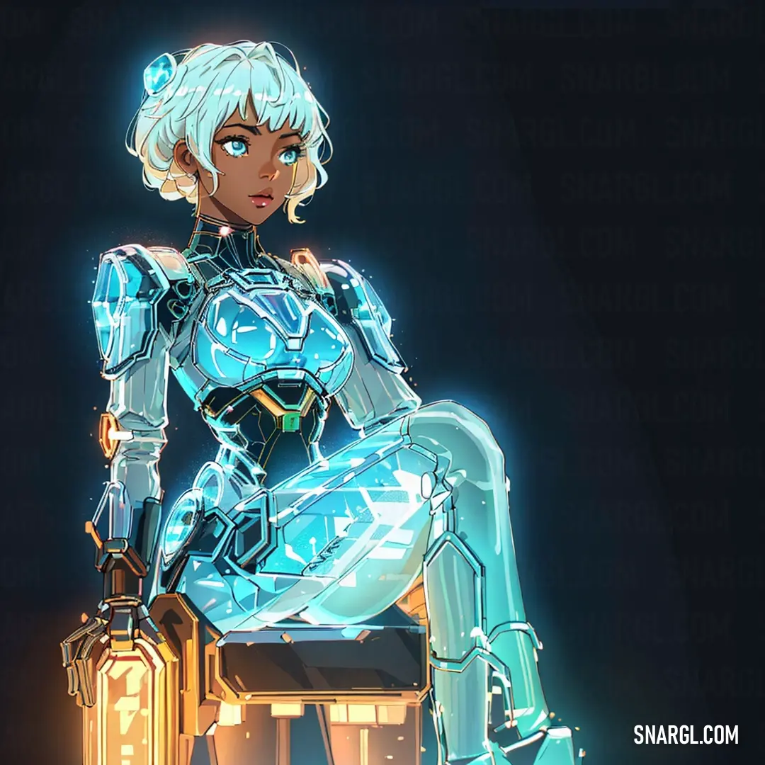 Woman in a futuristic suit on a chair with a glowing arm and leg on a stool with a glowing arm