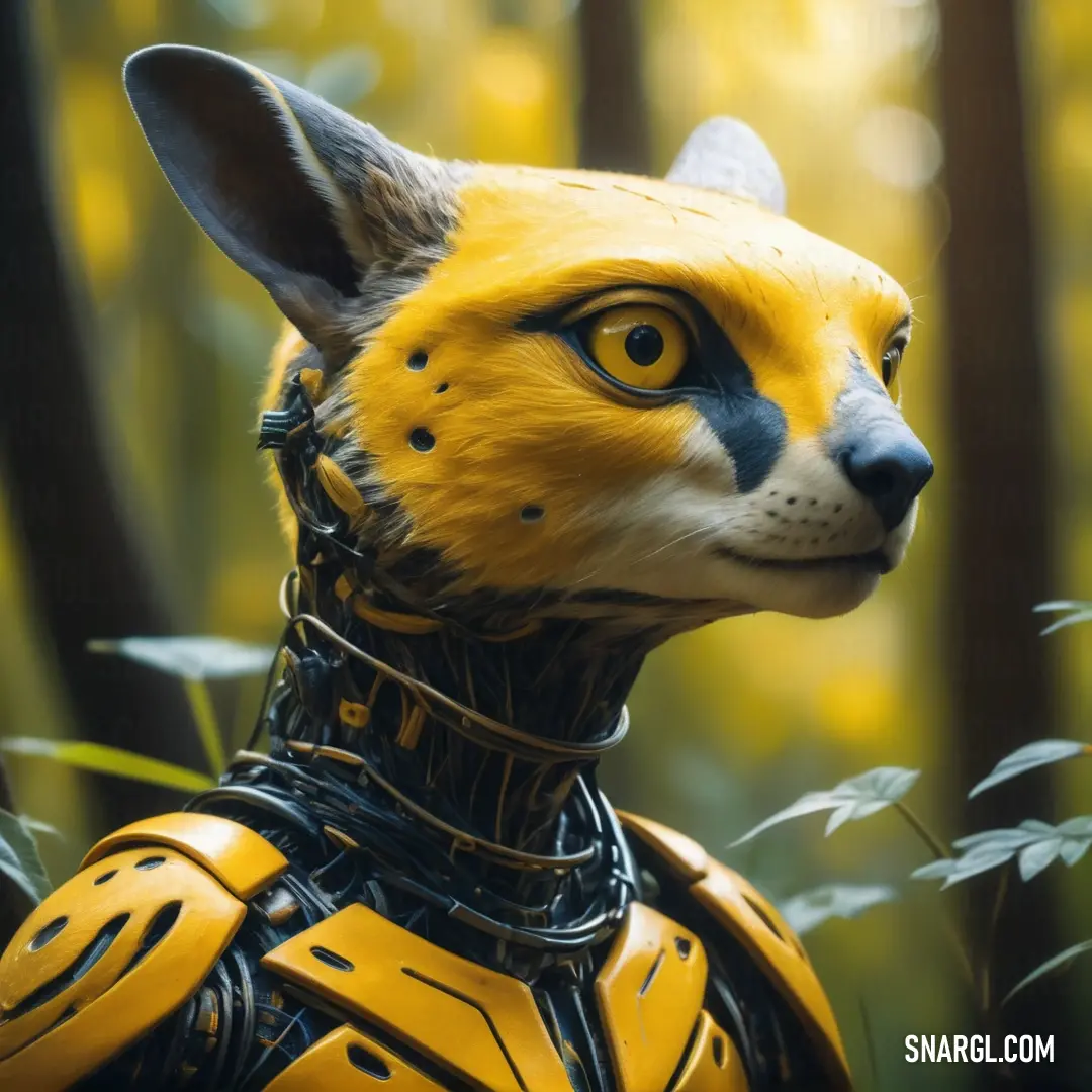 A playful yellow and black cat dons a collar and harness, surrounded by lush green foliage, embodying the spirit of adventure and exploration in a thriving natural habitat.