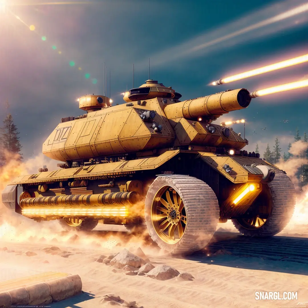 A yellow tank equipped with missiles rolls through a snowy landscape, its vibrant color contrasting beautifully against the white snow and the bright, clear sky above.