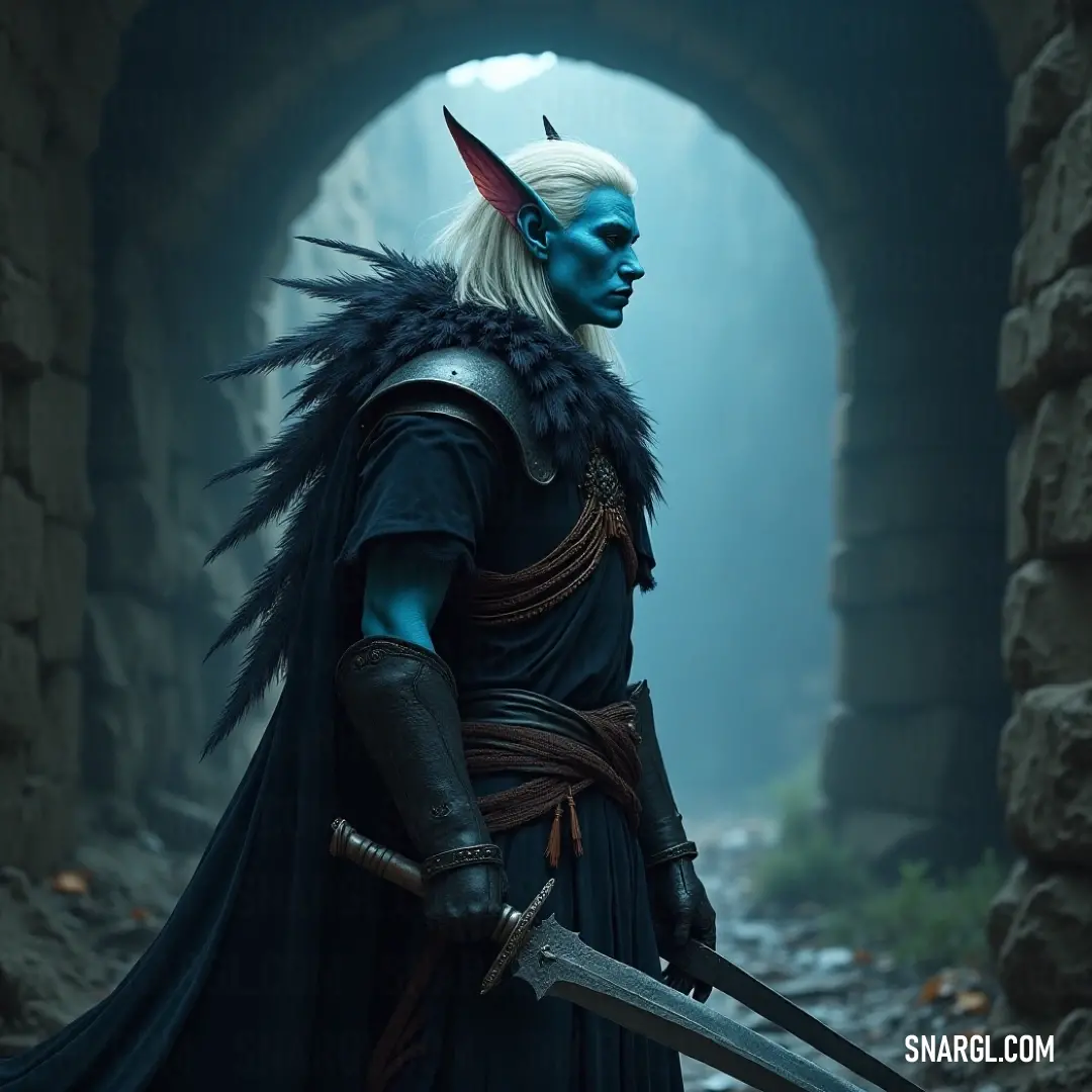A warrior clad in flowing blue and black garments stands firmly, gripping a gleaming sword. A menacing demon mask conceals his identity, while an air of strength and mystique surrounds him against a darkened backdrop.