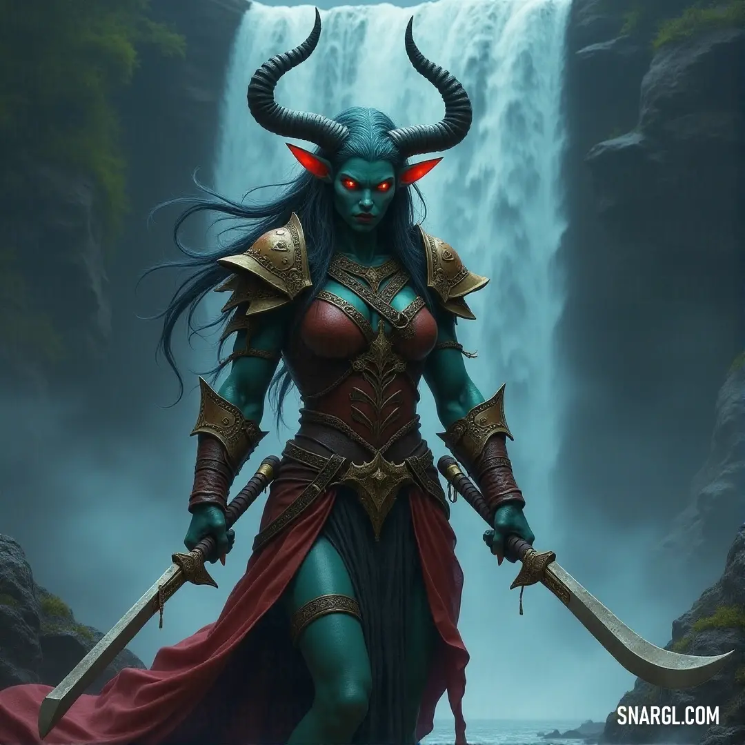 Selendre Moonfall, adorned with impressive horns and a horned headdress, grips his sword tightly, standing before a breathtaking waterfall, the cascading water behind him symbolizing his connection to nature's power.