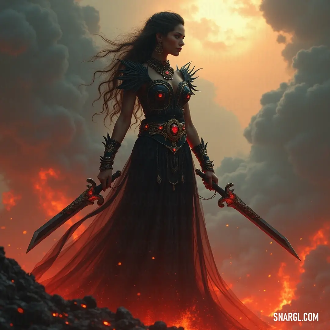 An intense depiction of strength and bravery as a woman clad in an elaborate dress brandishes two shimmering swords, framed by a breathtaking sunset and swirling clouds, embodying a spirit of fierce determination. A powerful image of a woman in an ornate long dress, confidently wielding two swords as she stands against the backdrop of a vivid sunset, with dark clouds and molten lava sculpting the fiery horizon.