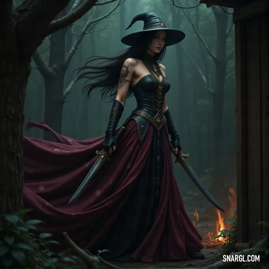 Selene, in a dark witch costume, grips a sword tightly as flames flicker in the background. The forest around her is alive with an otherworldly energy, and the fire casts a fiery glow on her fierce expression.
