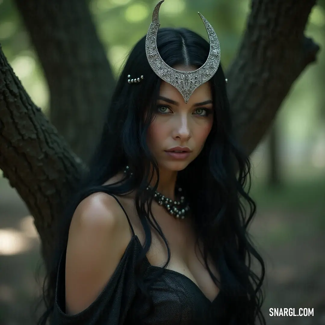 A captivating image of a woman with a stunning horned headpiece and intricate jewelry, gazing into the night as the crescent moon illuminates the shadows of the surrounding mystical tree, creating an ethereal ambiance. An enchanting woman adorned with a horned headpiece and a majestic necklace stands in front of a sprawling tree, with a crescent moon hanging in the luminous night sky, casting an otherworldly glow around her.