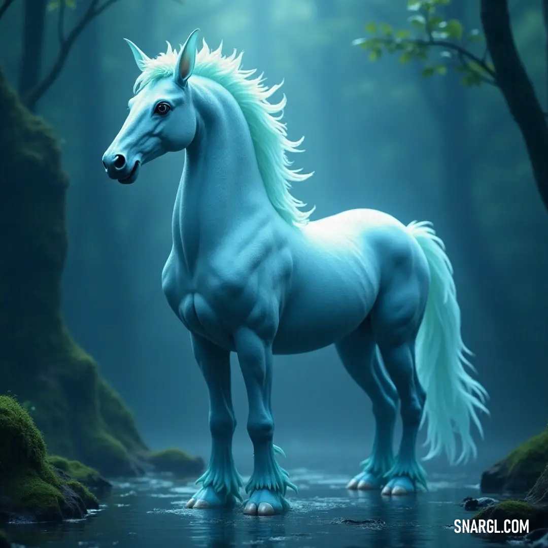 The noble Selene's Steed stands regally in a lush forest, with its reflection glimmering in a stream, capturing the majestic essence of mythical creatures in harmony with nature. A majestic white Selene's Steed stands proudly among the trees of a vibrant forest, its noble figure mirrored in the gentle stream flowing nearby, creating a captivating portrait of nature's wonder.