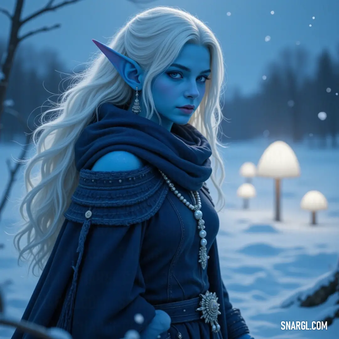 In a serene winter landscape, the enchanting Selithan Nightblaze, adorned with a horned headpiece and a flowing blue dress, embodies elegance as snowflakes gently fall around her, crafting a scene of pure enchantment. In a winter wonderland, the ethereal Selithan Nightblaze, embellished with a horned headpiece and a flowing blue dress, stands gracefully among the delicate snowflakes. The soft snow blankets the earth, creating a magical ambiance around her.