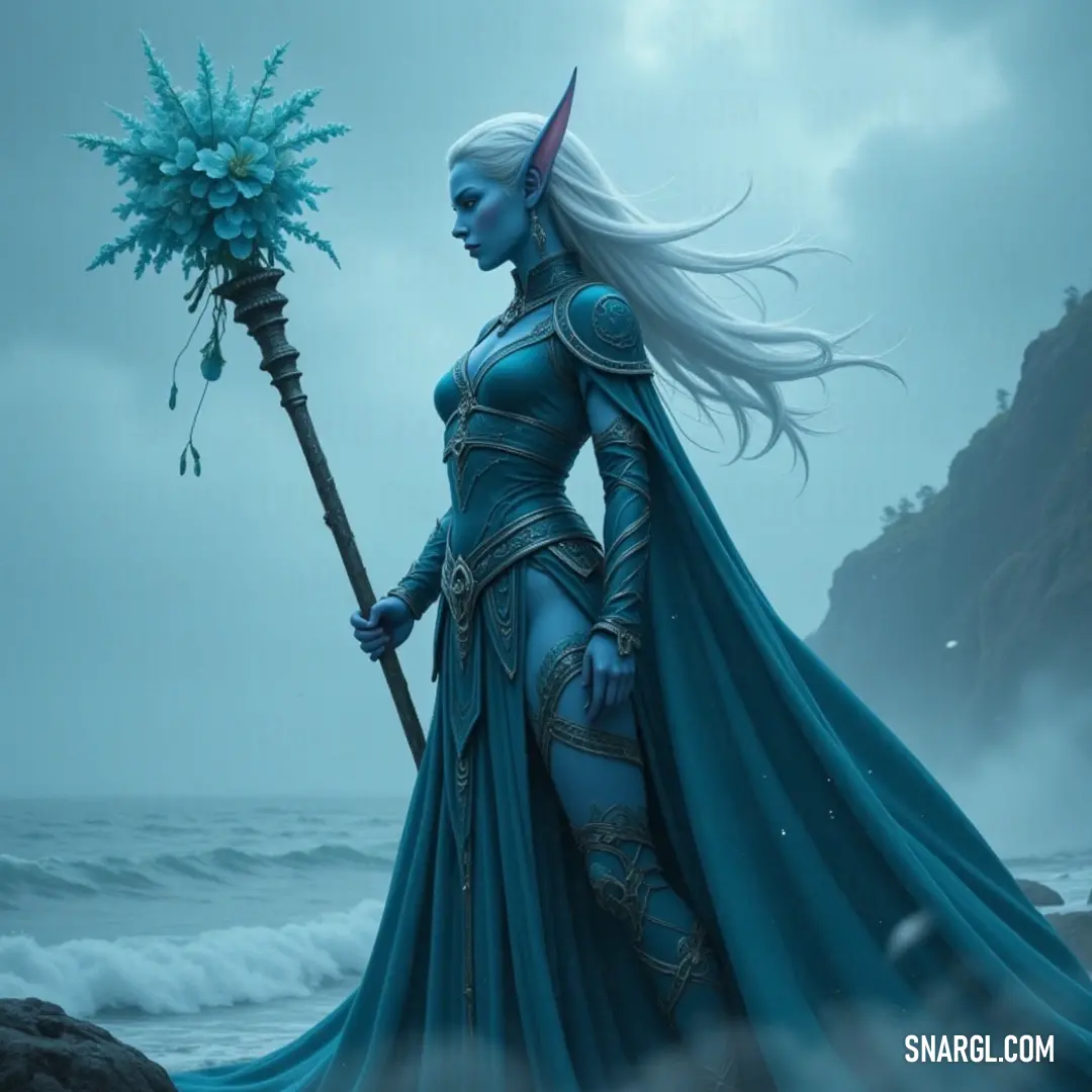 The graceful Selithan Nightblaze, clad in a shimmering blue dress, stands by the ocean's edge with a staff and a delicate blue flower, as the sun sets, creating a beautiful and serene atmosphere. A serene Selithan Nightblaze dressed in flowing blue fabric stands by the tranquil ocean, the waves gently lapping at her feet. She holds a delicate blue flower in one hand and a staff in the other, embodying grace and strength as the sun sets in the back