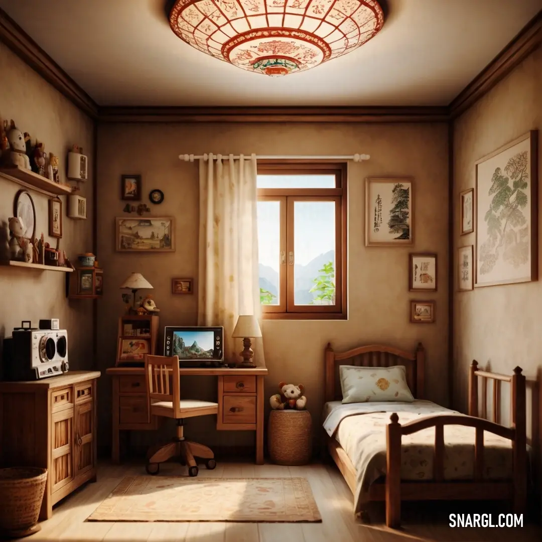 Bedroom with a bed, desk. Color Sepia.