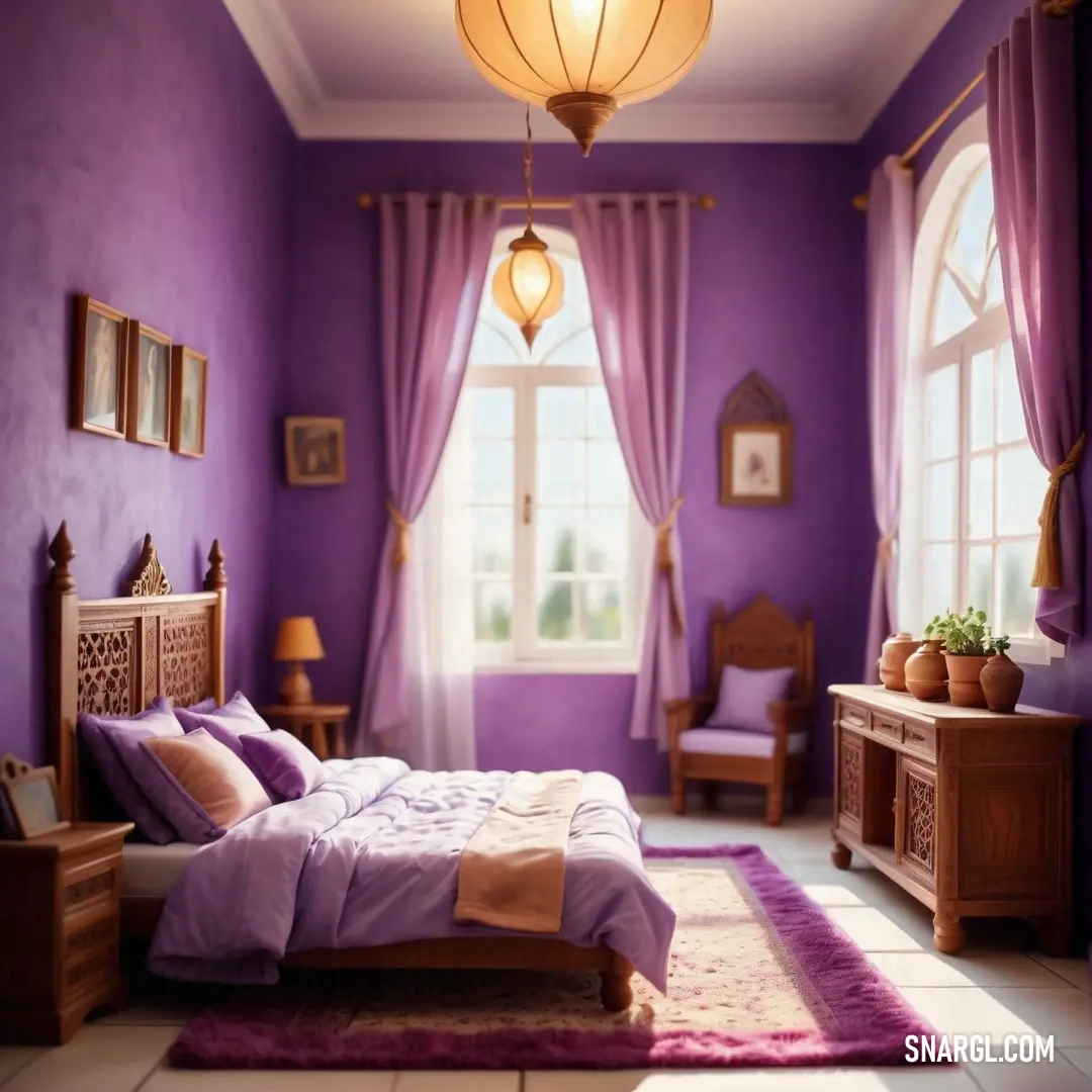 Bedroom with purple walls and a bed with purple sheets and pillows and a purple rug on the floor. Color CMYK 0,41,82,56.