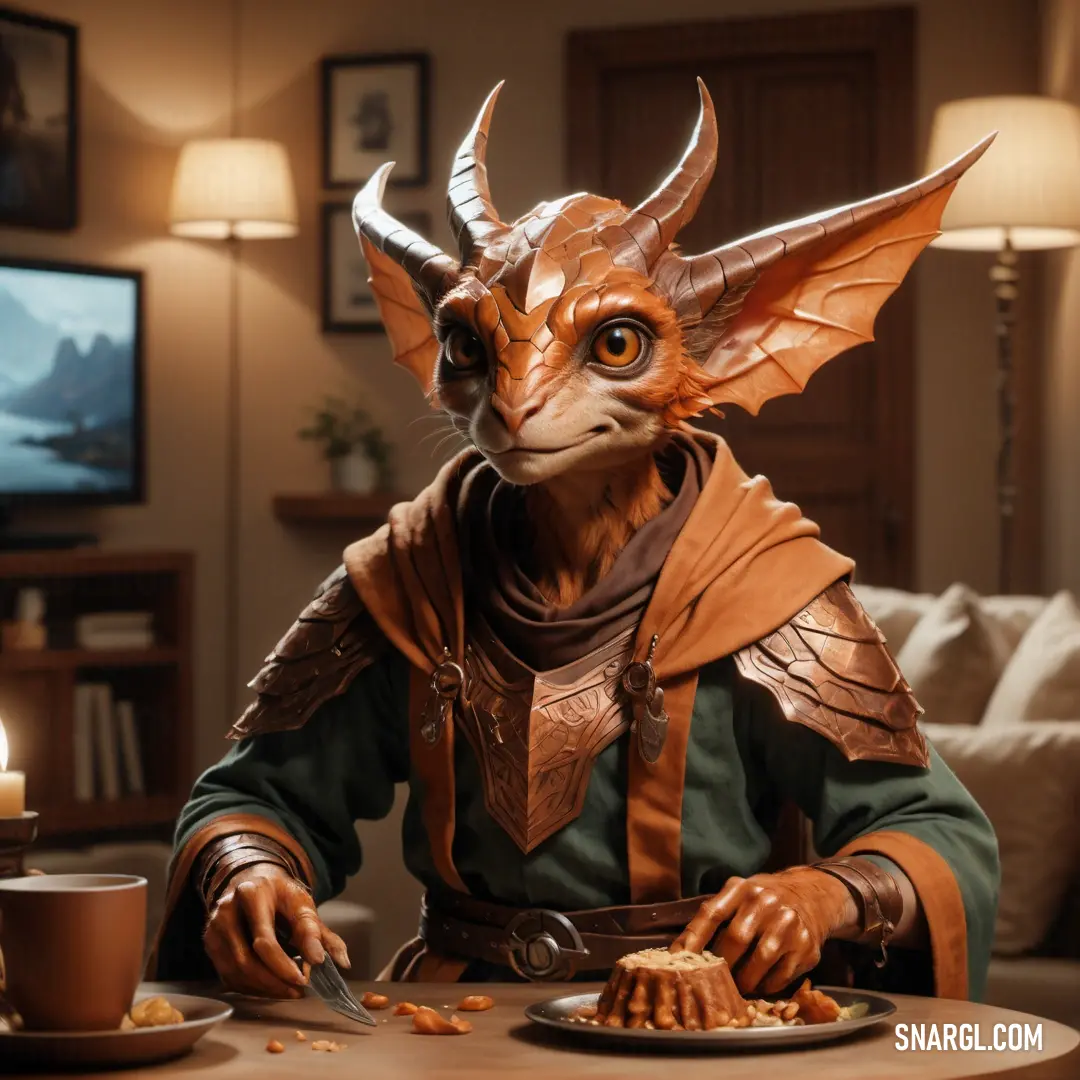 Cat with horns and a leather outfit eating food at a table with a candle in the background. Example of Sepia color.