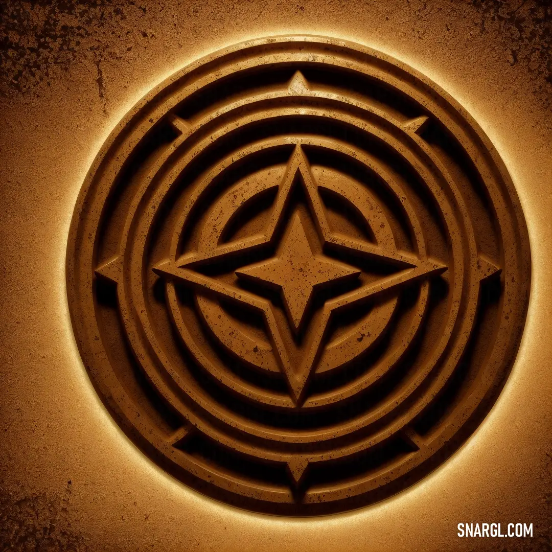 Circular object with a star in the center of it on a wall in a room with a light