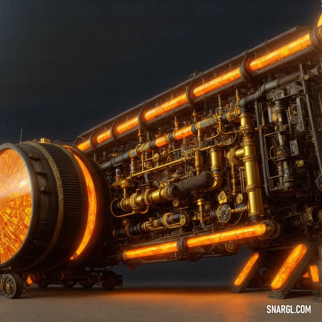 Large machine with a lot of pipes and orange lights on it's side and a black background. Example of CMYK 0,41,82,56 color.