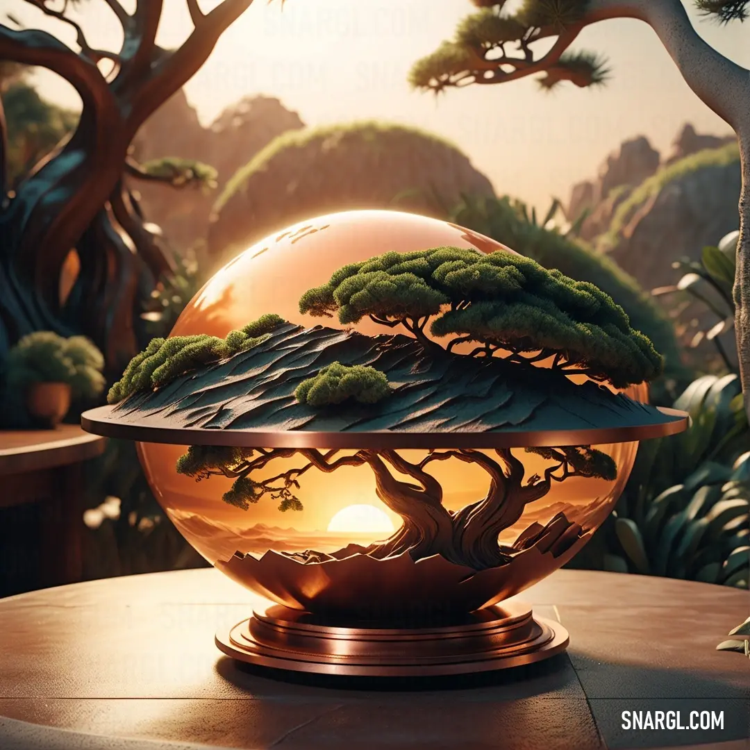 Bonsai tree is displayed in a glass bowl on a table with a sunset in the background. Example of RGB 112,66,20 color.