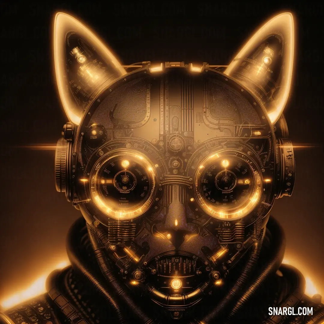 Cat with a futuristic look on its face and headphones on its ears, with a glowing background. Example of #704214 color.