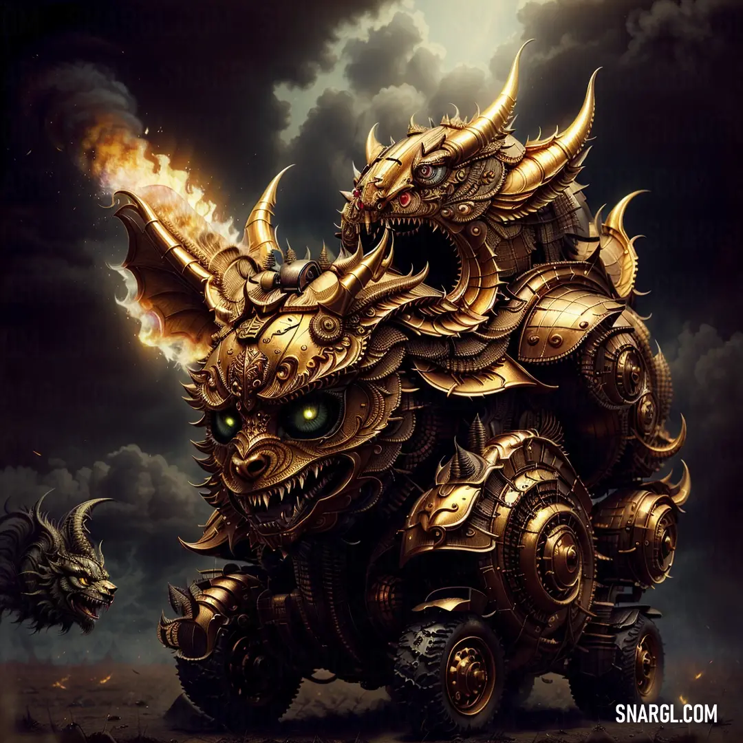 Golden dragon with large horns and huge eyes on a dark background. Color CMYK 0,41,82,56.