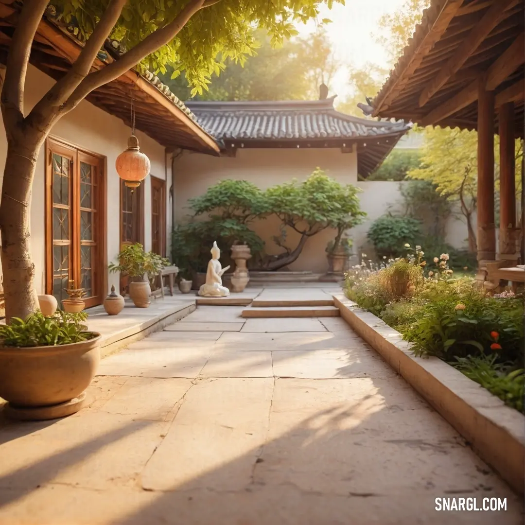 Patio with a table and chairs next to a pool and a wooden fence with a wooden roof over it. Color RGB 112,66,20.