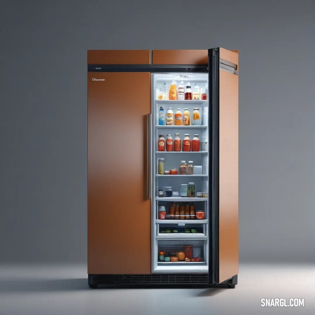 Refrigerator with a door open and drinks inside of it, on a gray background. Example of RGB 112,66,20 color.