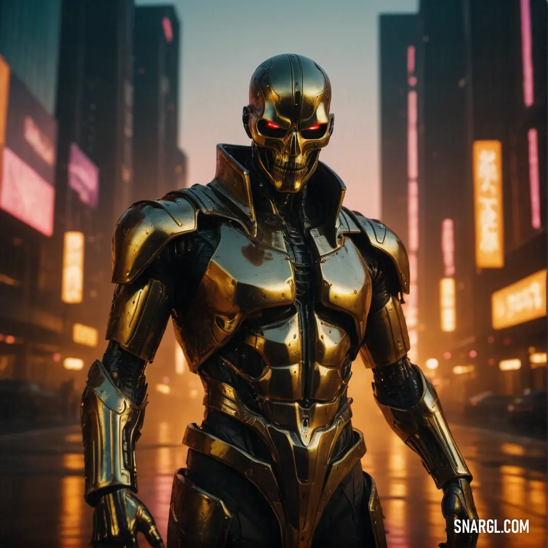 Robot in a futuristic city with neon lights and a red eye on his face. Example of Sepia color.