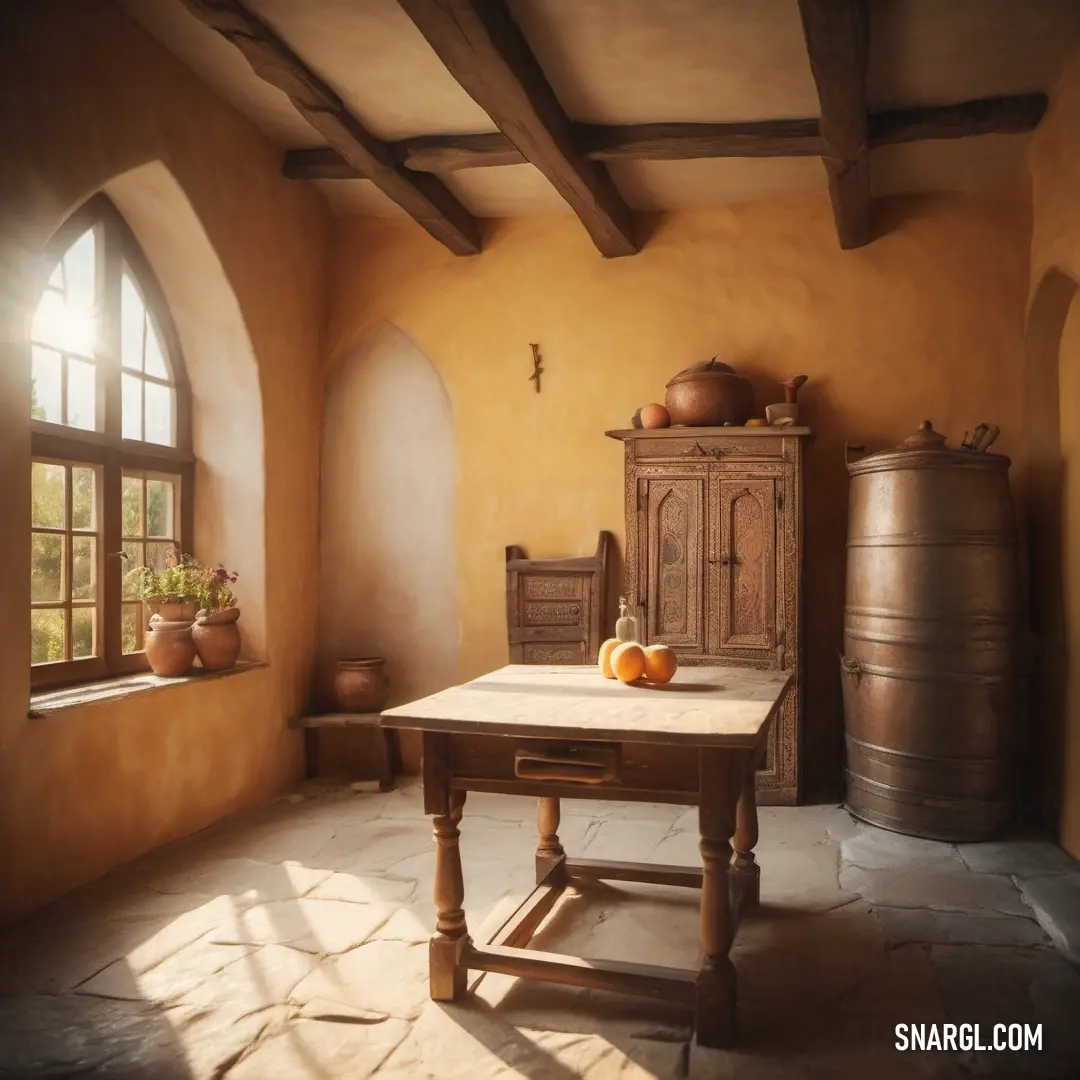 Table with a wooden top in a room with a window and a cabinet with a potted plant on it. Example of #704214 color.