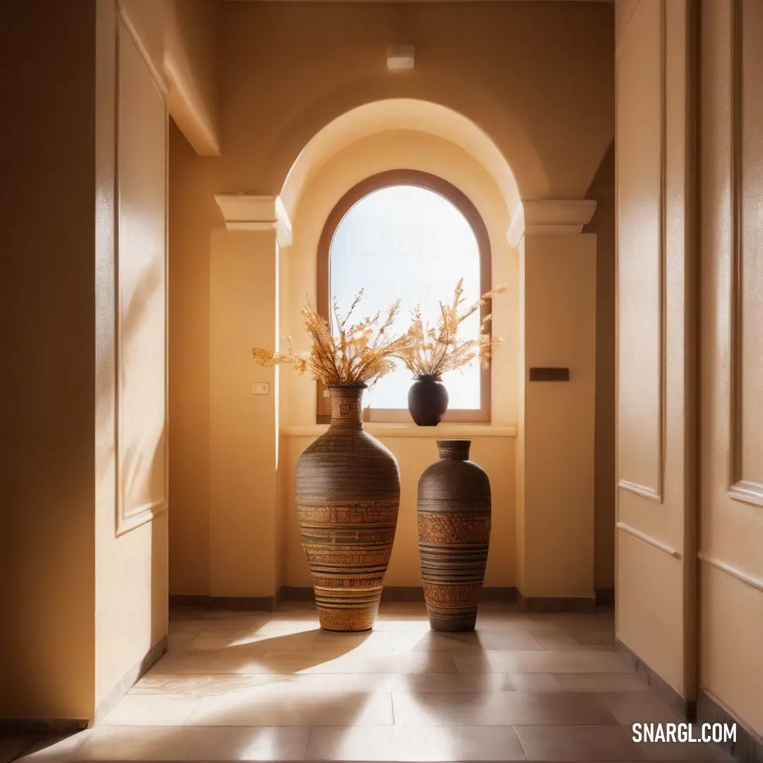 Two vases with flowers in them are in a hallway with a window and a door way leading to another room. Color RGB 112,66,20.