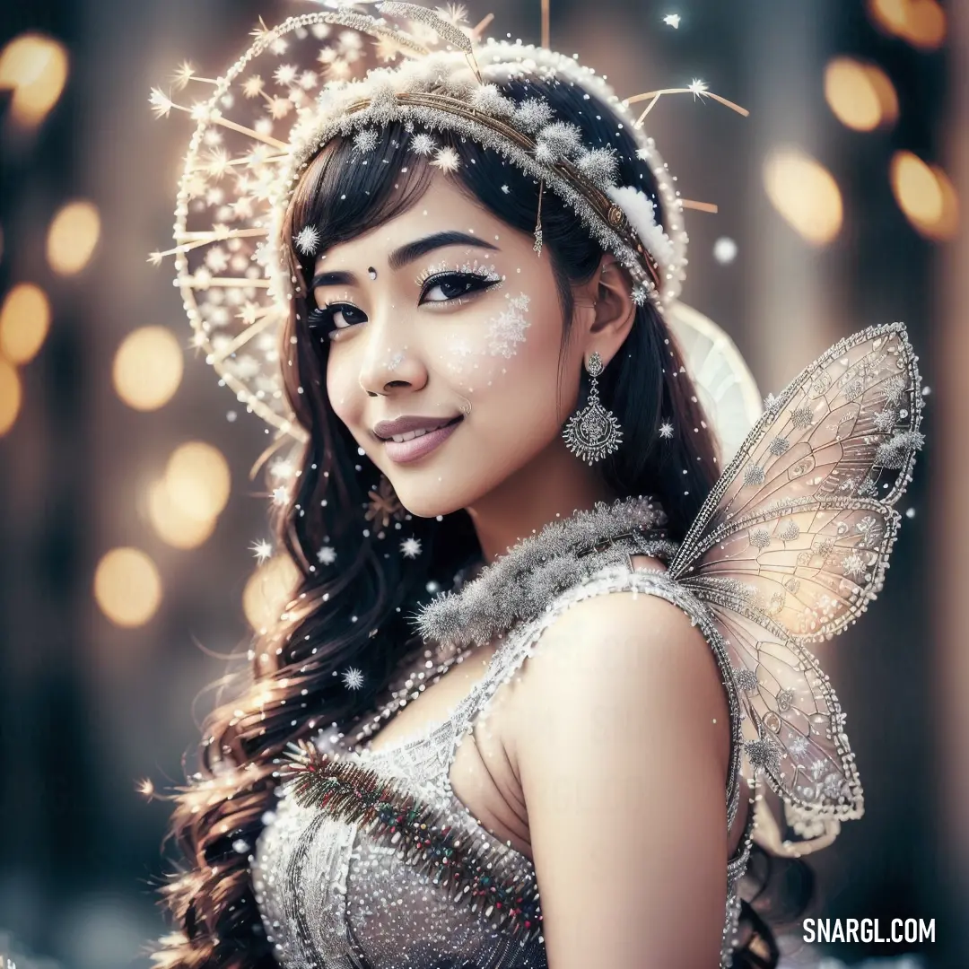 Woman in a fairy costume with a butterfly on her head