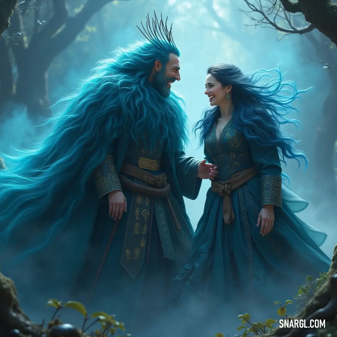 In a whimsical forest, two figures with dazzling blue hair and beards bring life and color to their surroundings, their joyous presence radiating warmth and charm in the enchanting wilderness. A striking duo with vivid blue hair and beards stands amidst a vibrant forest, their playful expressions and unique features blending harmoniously with the enchanting backdrop of greenery and sunlight.