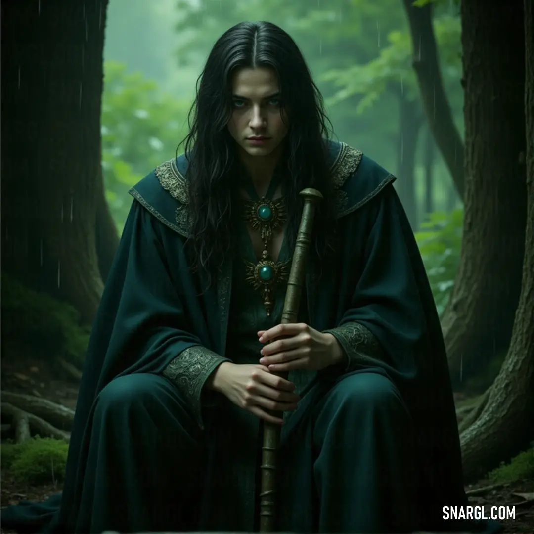A wizard in a green cloak, his staff in hand, stands in a magical forest, the trees and grass seeming to pulse with energy around him. A wizard in a green cloak stands in the middle of a lush forest. Holding a staff, he surveys the trees and grass around him, the forest alive with magic and mystery, as if responding to his presence.