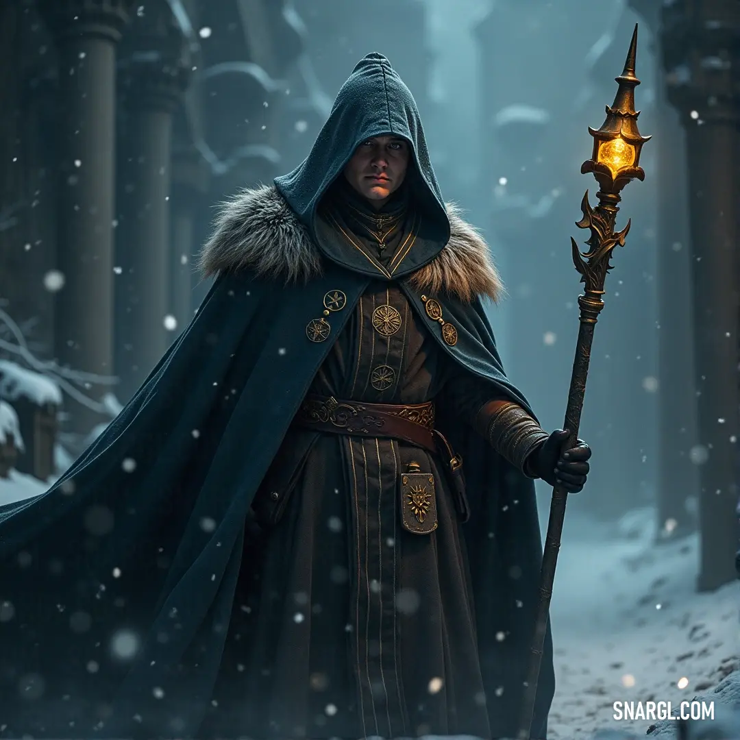 A hooded wizard, holding a lantern in one hand and a staff in the other, walks through a snowy forest, the night surrounding him in silence and mystery. A young wizard in a hooded cloak stands in a snowy forest. The light from a lantern he holds cuts through the darkness, casting eerie shadows as he prepares to face the unknown in the frozen woods.