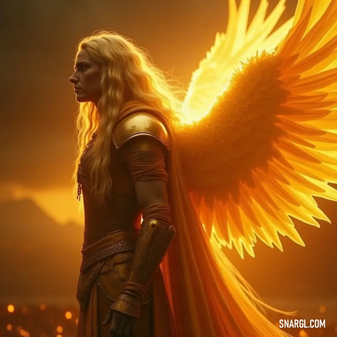 Seraphiel, with a flowing yellow cape and radiant wings, stands proudly in the urban landscape. Seraphiel, dressed in a flowing yellow cape, stands proudly against a bustling city landscape, her wings extending gracefully behind her. The interplay of urban life with her ethereal essence creates a stunning visual of harmony and strength.
