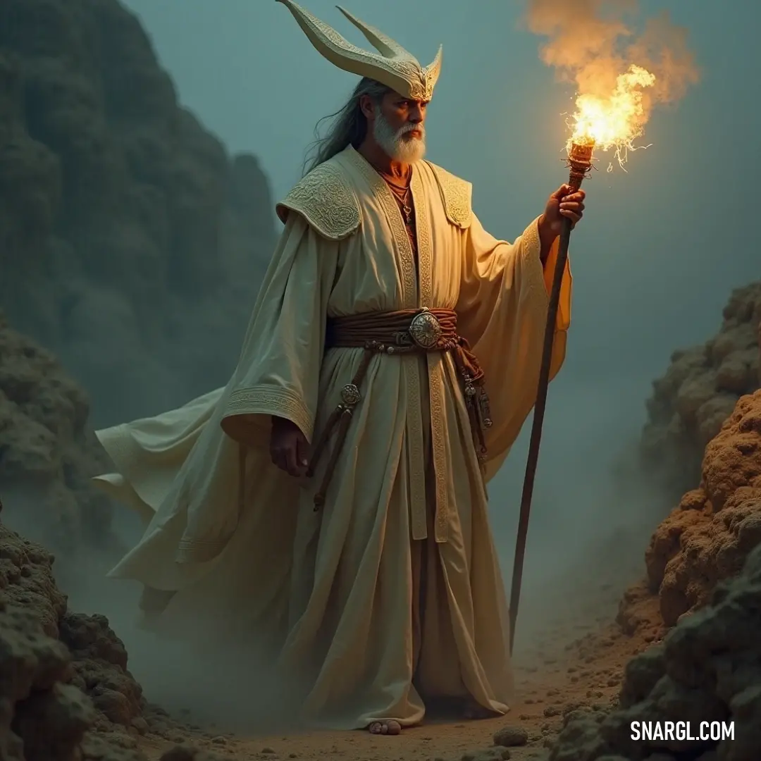 A powerful seraphim in white, holding a glowing fire stick, with an ornate horned headdress that emphasizes its celestial and commanding presence. A seraphim clad in a flowing white robe, clutching a fiery stick of light, with a horned headdress that adds an ethereal touch to the angelic figure. Its presence is commanding and divine.