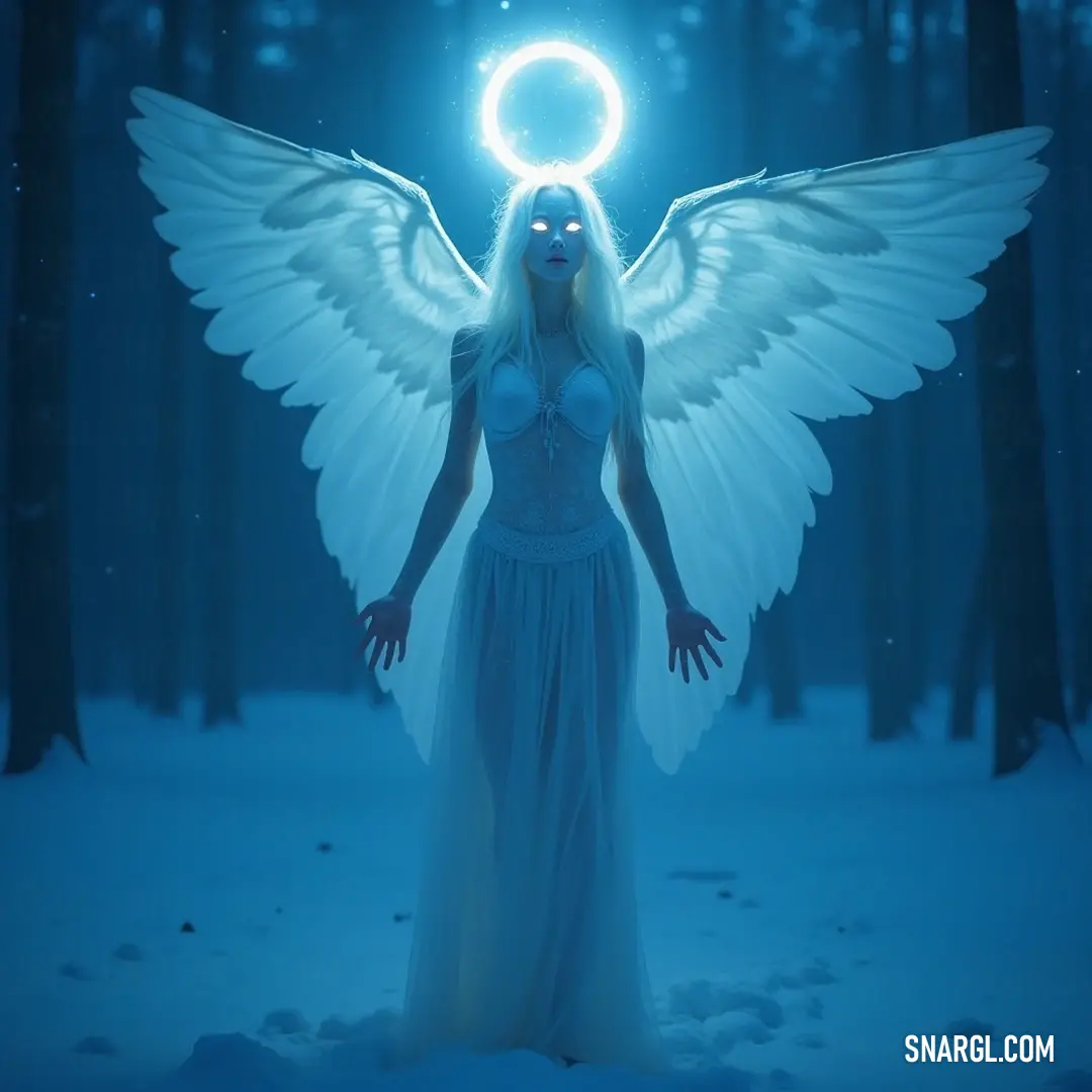 A celestial Seraphim with angel wings and a radiant ring standing gracefully in a snowy expanse, a representation of divine beauty and serenity. A majestic Seraphim adorned with resplendent angelic wings, elegantly poised in a snowy landscape, crowned by a luminous ring, embodying both purity and strength as snowflakes embrace her ethereal form.