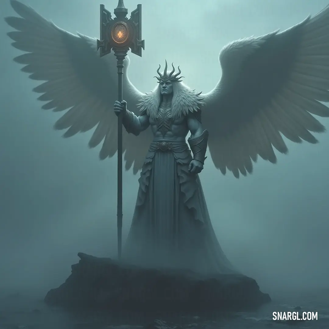 A serene angelic statue, draped in mystical fog, extends its wings gracefully, holding a soft light and staff, embodying hope and guidance through the veils of uncertainty and time. A breathtaking statue of an angel, with outstretched wings, stands solemnly in the fog, cradling a luminous light and a graceful staff, as if guiding lost souls through the misty realms of the unknown.