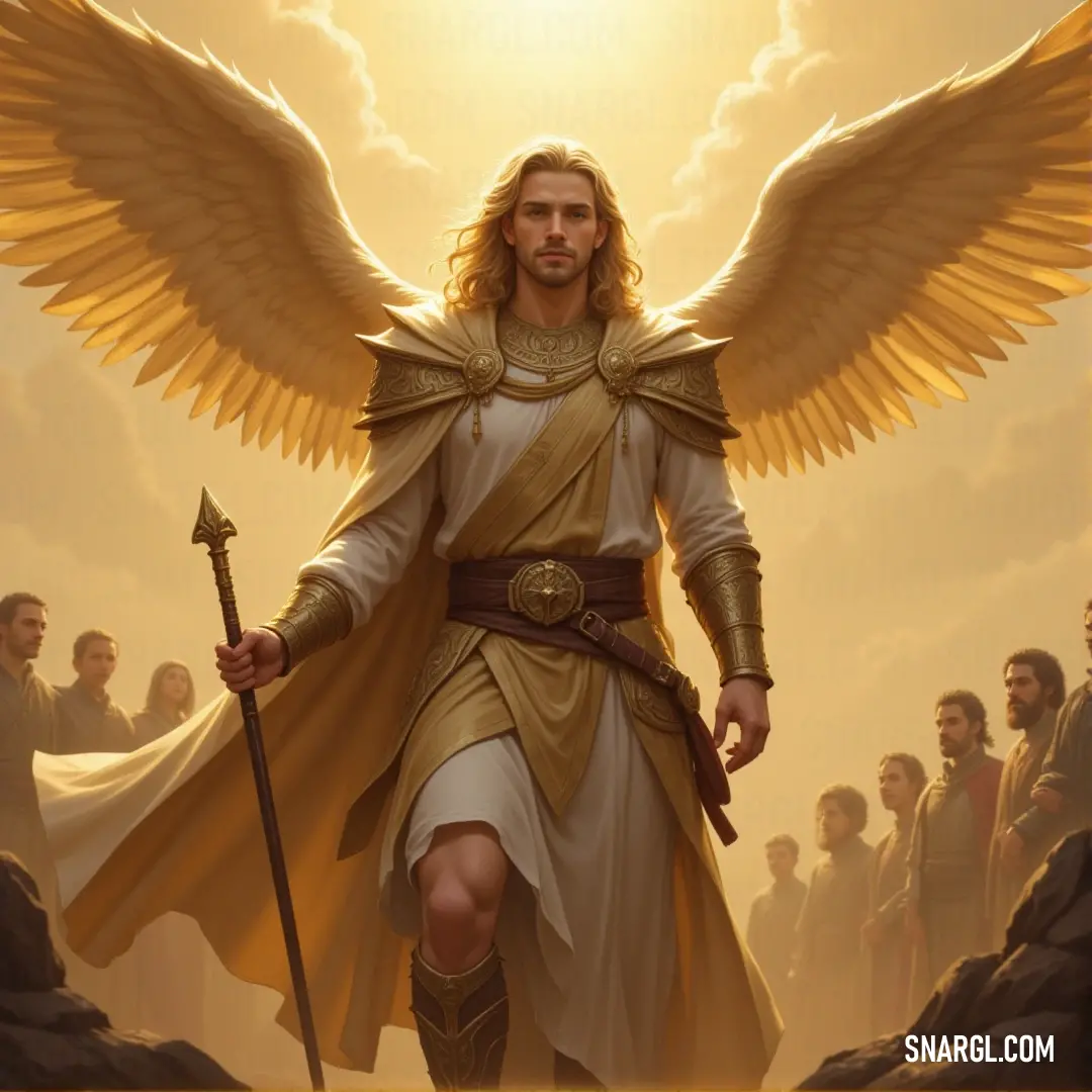 Seraphim of Justice stands as a powerful protector of the people, wings outstretched and sword raised, demanding justice in a world in need of balance and fairness. The Seraphim of Justice towers over a crowd of people, sword in hand, with his wings spread in righteous defiance. His gaze is stern, demanding fairness and equality, as he stands as the guardian of truth and justice.