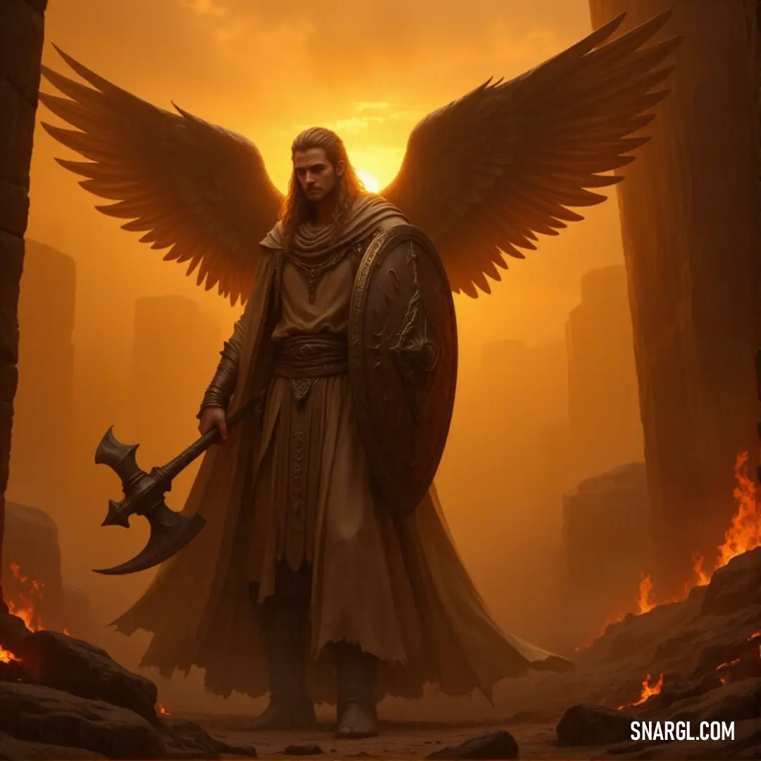 A Seraphim with wings holds a sword in a desert, surrounded by flames and smoke. The fiery chaos contrasts with his serene, determined expression, standing strong amidst the storm.