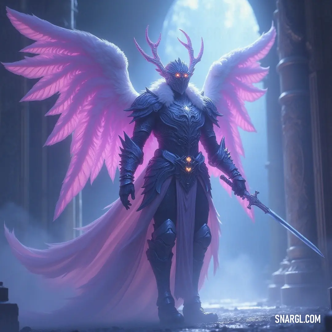 The Seraphim of Knowledge holds a sword aloft in a dark space, illuminated by the moon, embodying the eternal battle between light and shadows. The Seraphim of Knowledge stands imposingly in a shadowy chamber, a sword in one hand and wings unfurled, framed by a full moon's eerie glow, symbolizing the eternal struggle of light against darkness.