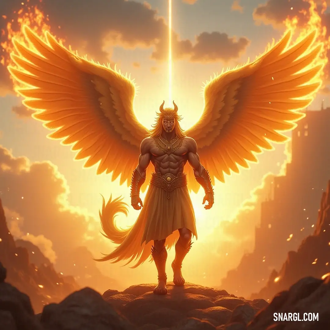 A resplendent Seraphim of Lightbringer graces the foreground, their vibrant yellow wings catching the last rays of the sun, creating a captivating display of light and shadow against the backdrop of a stunning sunset. A magnificent Seraphim of Lightbringer stands tall on a rugged rock, their expansive yellow angel wings spread wide, illuminated by a bright, golden light contrasting beautifully with the dramatic clouds of sunset.