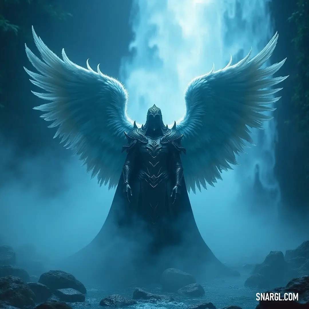 The Seraphim of Protection by a waterfall at night, embraced by fog and mist, creating an enchanting atmosphere filled with mystery and beauty. In a twilight setting, the Seraphim of Protection, with serene wings, stands before a majestic waterfall, surrounded by swirling fog and shimmering mist, casting an enchanting spell over the nighttime landscape of nature's wonders.