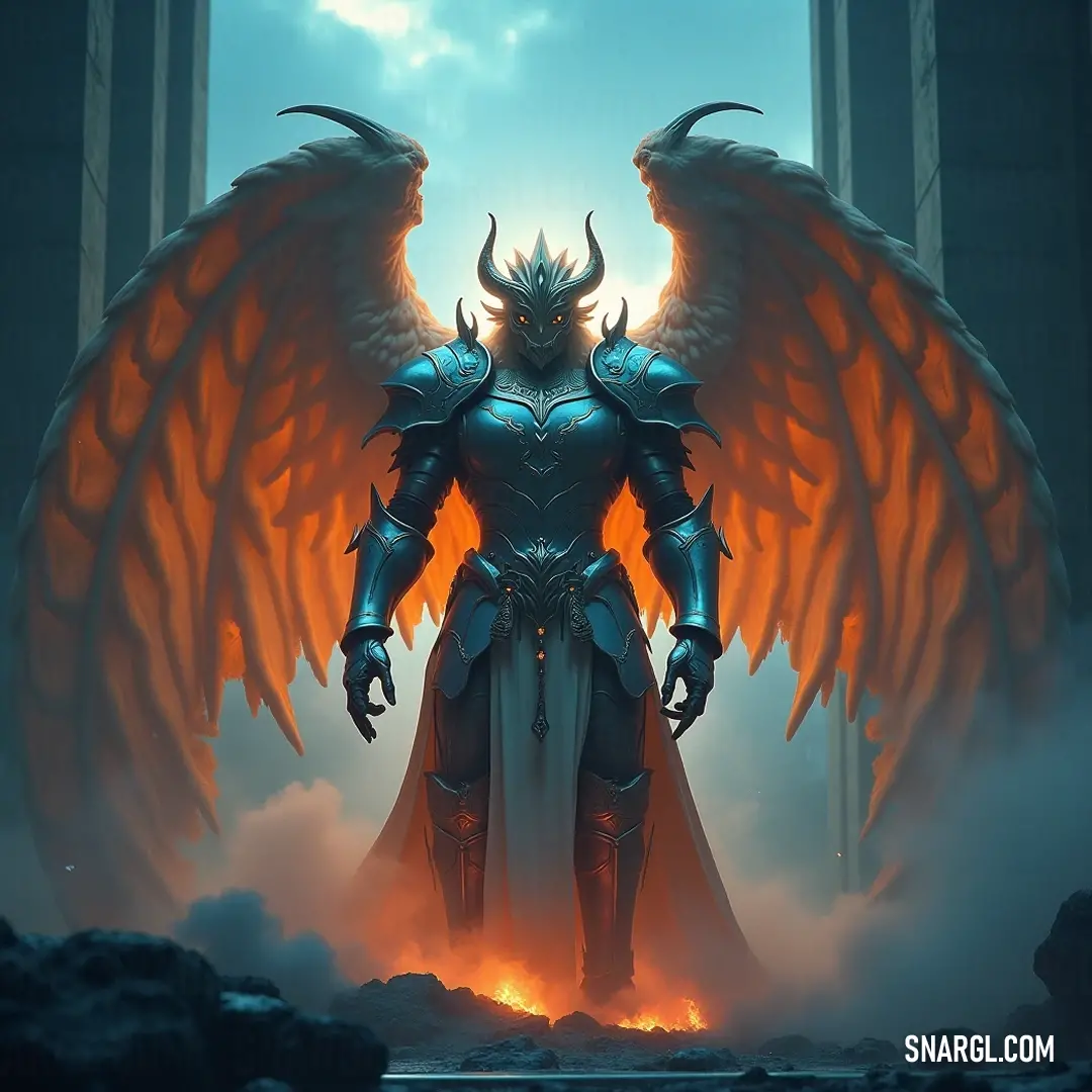 Protective Seraphim with magnificent wings, poised gracefully before a grand window, as a vast sky serves as a picturesque backdrop, radiating tranquility and strength.