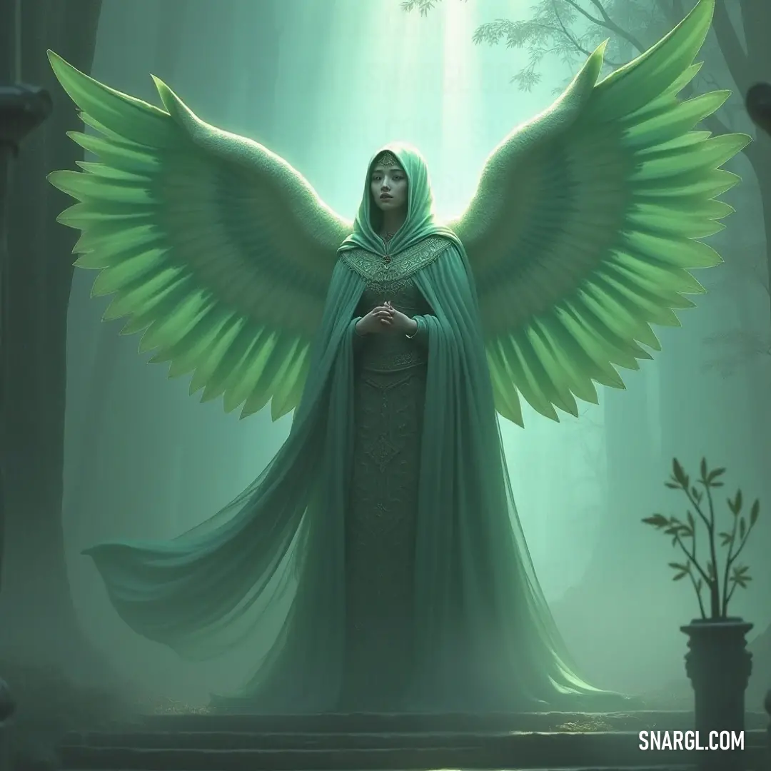 Seraphim of Radiance in a lush forest, her vibrant green cloak blending harmoniously with nature, exuding peace and wisdom. Seraphim of Radiance, adorned in a flowing green cloak, stands majestically amidst the woods, a beacon of hope and serenity among the ancient trees.