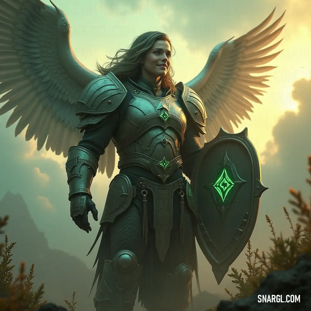 Valiant Seraphim of the Angelic Choir, displaying her remarkable shield adorned with a brilliant green diamond, a testament to her heroic spirit. Noble Seraphim from the Angelic Choir, fiercely holding a beautifully detailed shield embellished with a mesmerizing green diamond, embodying strength and valor.